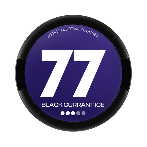 77 Black Currant Ice nicotine pouch can – slim all-white format, 10.4mg, 20 pouches
