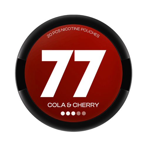 77 Cola & Cherry nicotine pouch can – Slim all-white format, 10.4mg nicotine, 20 pouches per can