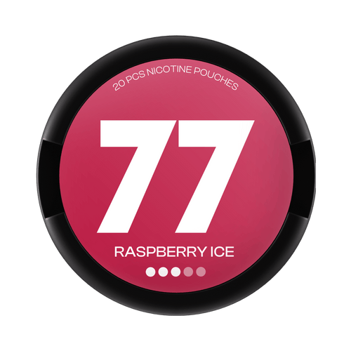 77 Raspberry Ice nicotine pouch can – Slim all-white format, 10.4 mg per pouch, 20 pouches