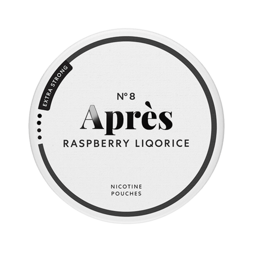 Après Raspberry Liqorice Extra Strong nicotine pouch can – Slim all-white, 8.3mg, 20 pouches